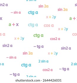 Padrão contínuo com fórmulas matemáticas e números. Álgebra e geometria, cálculos tangente, cotangente, seno, cosseno.