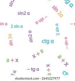 Padrão contínuo com fórmulas matemáticas e números. Álgebra e geometria, cálculos tangente, cotangente, seno, cosseno