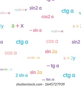 Padrão contínuo com fórmulas matemáticas e números. Álgebra e geometria, cálculos tangente, cotangente, seno, cosseno