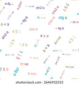 Seamless pattern with mathematical formulas and numbers. Algebra and geometry, calculations tangent, cotangent, sine, cosine
