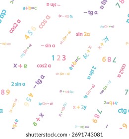 Seamless pattern with mathematical formulas and numbers. Algebra and geometry, calculations tangent, cotangent, sine, cosine