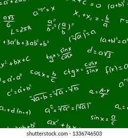 Seamless pattern with mathematical formulas on green blackboard