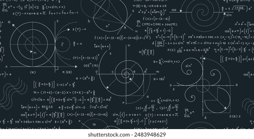 Seamless pattern with mathematical formulas on a chalkboard.