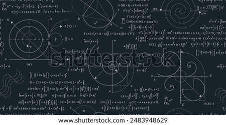 Seamless pattern with mathematical formulas on a chalkboard.