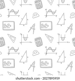 Seamless pattern with mathematical objects, graphs, triangle, Pythagorean theorem, calculator, compasses . Hand-drawn outline elements. Monochrome design. Black and white vector illustration on white - Powered by Shutterstock - Get 15% off with code: PIKWIZARD15