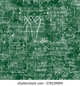 Seamless pattern of mathematical operation and equation, endless arithmetic pattern on seamless green chalk boards. Handwritten lesson. Geometry, math, physics, electronic engineering subjects.