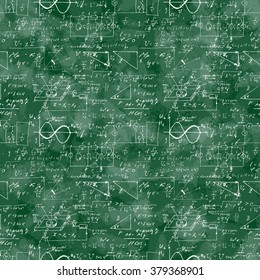 Seamless pattern of mathematical operation and equation, endless arithmetic pattern on seamless green chalk boards. Handwritten calculations. Geometry, math, physics, electronic engineering subjects.