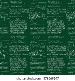 Seamless pattern of mathematical operation and equation, endless arithmetic pattern on seamless green chalk boards. Handwritten lesson. Geometry, math, physics, electronic engineering subjects.