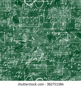 Seamless pattern of mathematical operation and equation, endless arithmetic pattern on seamless green chalk boards. Handwritten lesson. Geometry, math, physics, electronic engineering subjects.