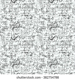 Seamless pattern of mathematical operation and equation, endless arithmetic pattern on endless copybook paper sheet. Handwritten lesson. Geometry, math, physics, electronic engineering subjects.