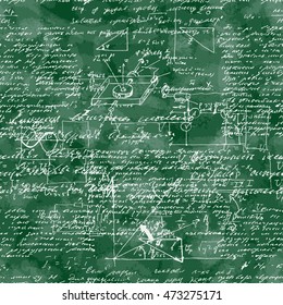 Seamless pattern of mathematical operation and equation, endless arithmetic pattern on seamless green chalk boards. Handwritten calculations. Geometry, math, physics, electronic engineering subjects.