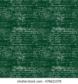 Seamless pattern of mathematical operation and equation, endless arithmetic pattern on seamless green chalk boards. Handwritten calculations. Geometry, math, physics, electronic engineering subjects.