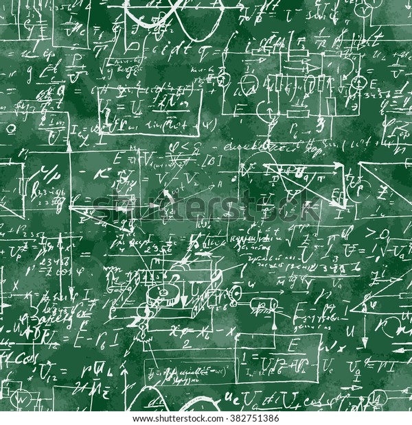 Seamless pattern of mathematical operation and\
equation, endless arithmetic pattern on seamless green chalk\
boards. Handwritten lesson. Geometry, math, physics, electronic\
engineering subjects.