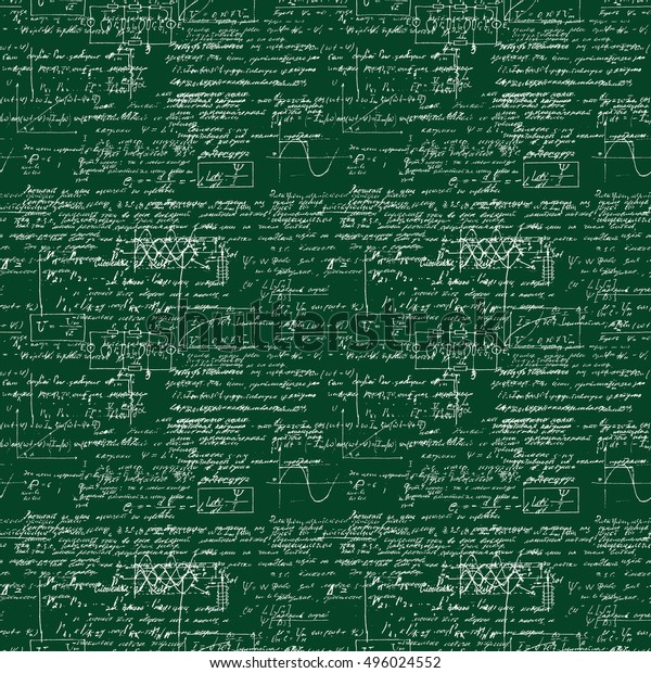 Seamless pattern of mathematical operation and
equation, endless arithmetic pattern on seamless green chalk
boards. Handwritten calculations. Geometry, math, physics,
electronic engineering
subjects.