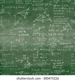 Seamless pattern of mathematical operations and elementary functions, endless arithmetic on school boards. Green Background. Writing on textured not seamless green chalkboard.
