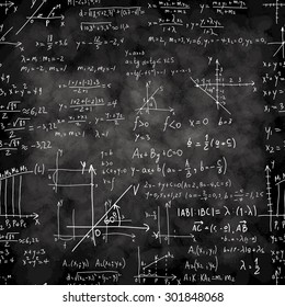 Seamless pattern of mathematical operations and elementary functions, endless arithmetic on not seamless chalk boards. Handwritten solutions. Geometry and mathematics subjects. Lectures.