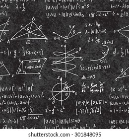 Seamless pattern of mathematical operations and elementary functions, endless arithmetic on school boards. Black Background. Writing on textured  black chalkboard.