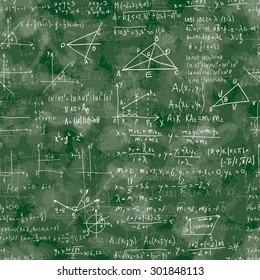 Seamless pattern of mathematical operations and elementary functions, endless arithmetic on school boards. Green Background. Writing on textured  green chalkboard.