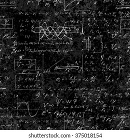 Seamless pattern of mathematical operations and elementary functions, endless arithmetic on seamless chalk boards. Handwritten solutions. Geometry, math, physics, electronic engineering subjects.