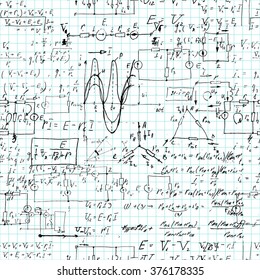 Seamless pattern, mathematical operations and elementary functions, endless arithmetic on copybook grid paper. Real handwritten solutions. Geometry, math, physics, electronic engineering. Lectures.