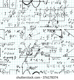 Seamless pattern, mathematical operations and elementary functions, endless arithmetic on copybook grid paper. Real handwritten solutions. Geometry, math, physics, electronic engineering. Lectures.