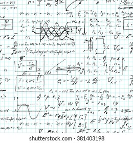 Seamless pattern, mathematical operations and elementary functions, endless arithmetic on copybook grid paper. Real handwritten solutions. Geometry, math, physics, electronic engineering. Lectures.