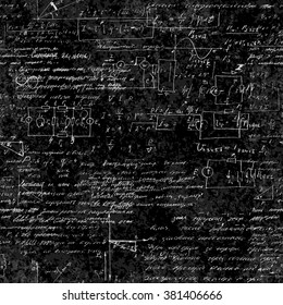 Seamless pattern of mathematical operations and elementary functions, endless arithmetic on seamless chalk boards. Handwritten solutions. Geometry, math, physics, electronic engineering subjects.