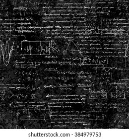 Seamless pattern of mathematical operations and elementary functions, endless arithmetic on seamless chalk boards. Handwritten solutions. Geometry, math, physics, electronic engineering subjects.
