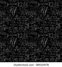 Seamless pattern, mathematical operations and elementary functions, endless arithmetic black background. Real handwritten solutions. Geometry, math, physics, electronic engineering subjects. Lectures.