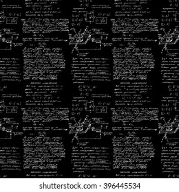 Seamless pattern, mathematical operations and elementary functions, endless arithmetic black background. Real handwritten solutions. Geometry, math, physics, electronic engineering subjects. Lectures.