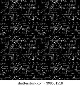Seamless pattern, mathematical operations and elementary functions, endless arithmetic black background. Real handwritten solutions. Geometry, math, physics, electronic engineering subjects. Lectures.