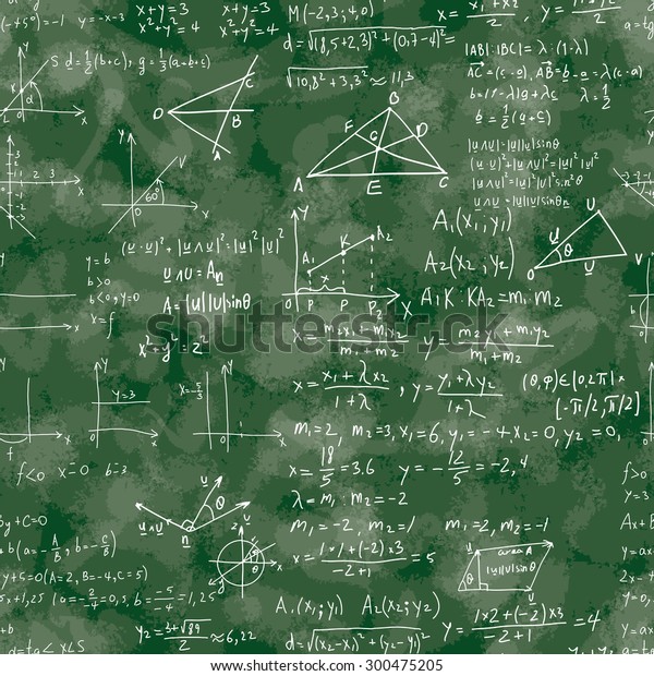 Seamless pattern of\
mathematical operations and elementary functions, endless\
arithmetic on school boards. Green Background. Writing on textured \
green chalkboard.
