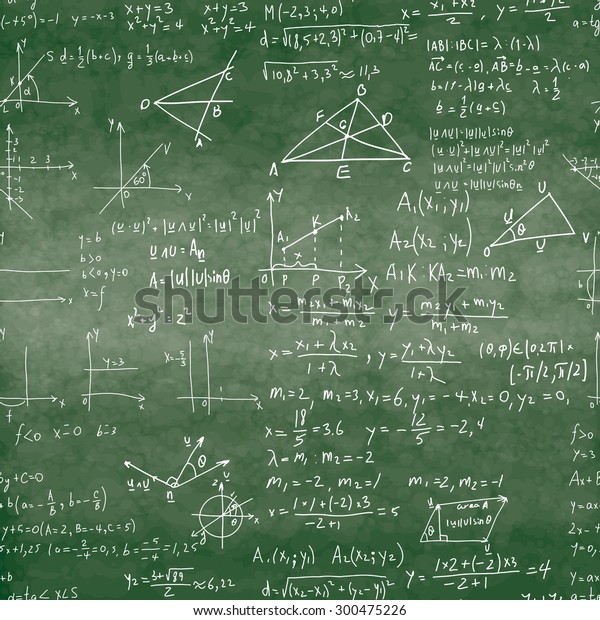 Seamless pattern\
of mathematical operations and elementary functions, endless\
arithmetic on school boards. Green Background. Writing on textured\
not seamless green\
chalkboard.