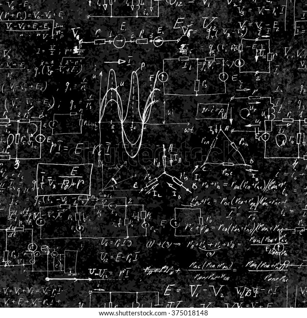 Seamless pattern of mathematical operations and\
elementary functions, endless arithmetic on seamless chalk boards.\
Handwritten solutions. Geometry, math, physics, electronic\
engineering subjects.