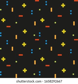 Seamless pattern of mathematical signs (pluses, minuses, points, etc.). Black background.