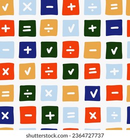Seamless pattern of mathematical signs (pluses, minuses, points, etc.). Abstract background with hand drawn doodle shapes.