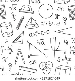 Nahtloses Muster der Mathematik-Doodle. Schulausstattung, Mathematik-Formeln im Skizzenstil. handgezeichnete Vektorgrafik