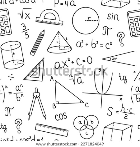 Seamless pattern of Mathematics doodle. School equipment, maths formulas in sketch style. Hand drawn vector illustration