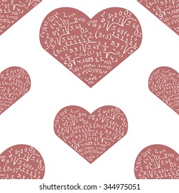 Seamless pattern with mathematics formula on pink heart shapes