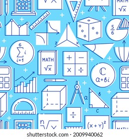 Seamless pattern with mathematics symbols in line style. Math science background. Vector illustration.