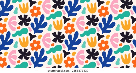 Seamless pattern with matisse abstract botanical shapes. Colorful trendy creative artistic elements on light background.