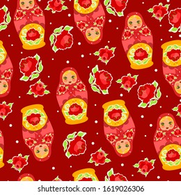 Seamless pattern with matrioshka
 dolls and flowers. Vector graphics.
