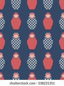 Seamless pattern of matryoshka on dark blue background. Image for a poster. Vector illustration.