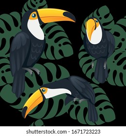 Seamless pattern of mature brazilian toucan bird cartoon animal design flat vector illustration on dark background with green leaves