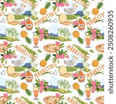 Seamless pattern with Mauritius landmarks in flat style. Vector sugar cane, Mount Peter, Dodo bird, Trochezia budoniana flowers, pineapple, falooda, millionaire salad, Sega music instruments