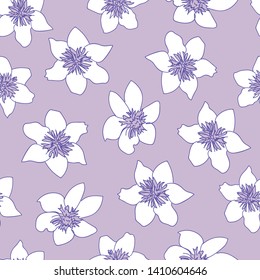 Seamless Pattern with Mauve Background and White Clematis Flowers