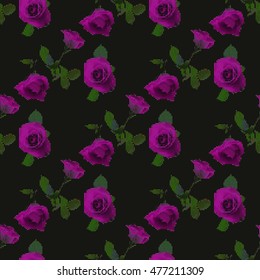 Seamless pattern with mauve roses on black background. Halftone effect.Halftone effect.