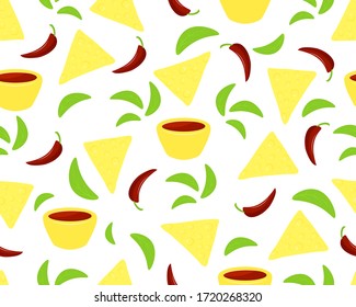 Seamless pattern of maxican food. Yellow nachos of corn, pepper, sauce,basil. As print for fabric textile, bag, clothes. Vector illustration. Cuisine cooking concept. Wallpaper, wrapping.