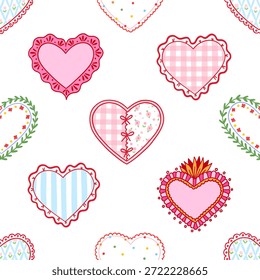Seamless pattern of maximalist heart decorated checkered and striped print, polka dot, ribbons, flowers, lace. Whimsical cottagecore design. Eclectic background for valentine day, birthday, wedding