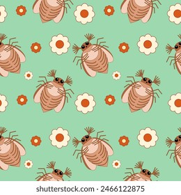 Seamless pattern of may bug, chafer and flowers on a green background. Vector illustration